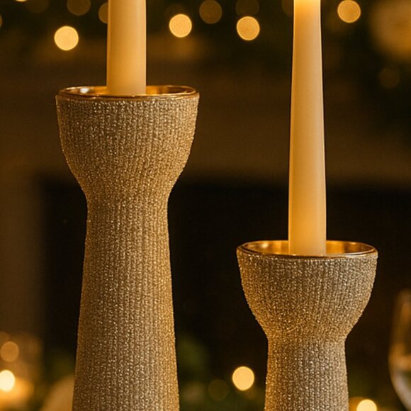 NWOT Set of 2 Luxury Champagne Beaded Ceramic Decorative Candle Holders - Picture 4 of 16